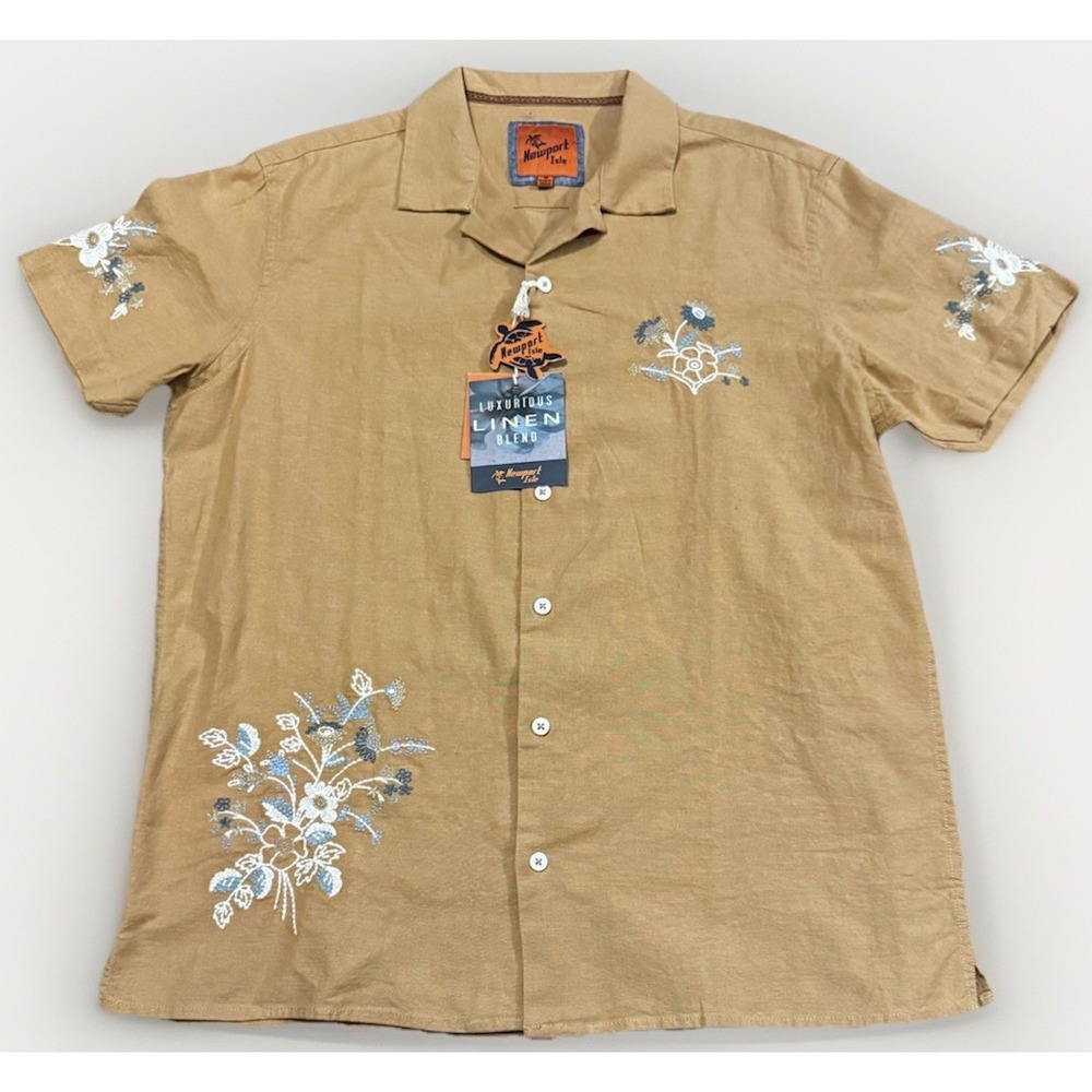 Newport Isle Linen Blend Embroidered Shirt Mens Medium Short Sleeve‎ NWT